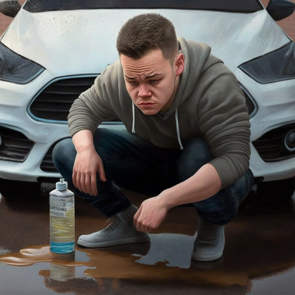 person scrubbing oil from their cars carpets, looking upset, photo realistic